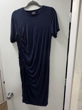 Ruched Navy Midi Dress with Side Gather